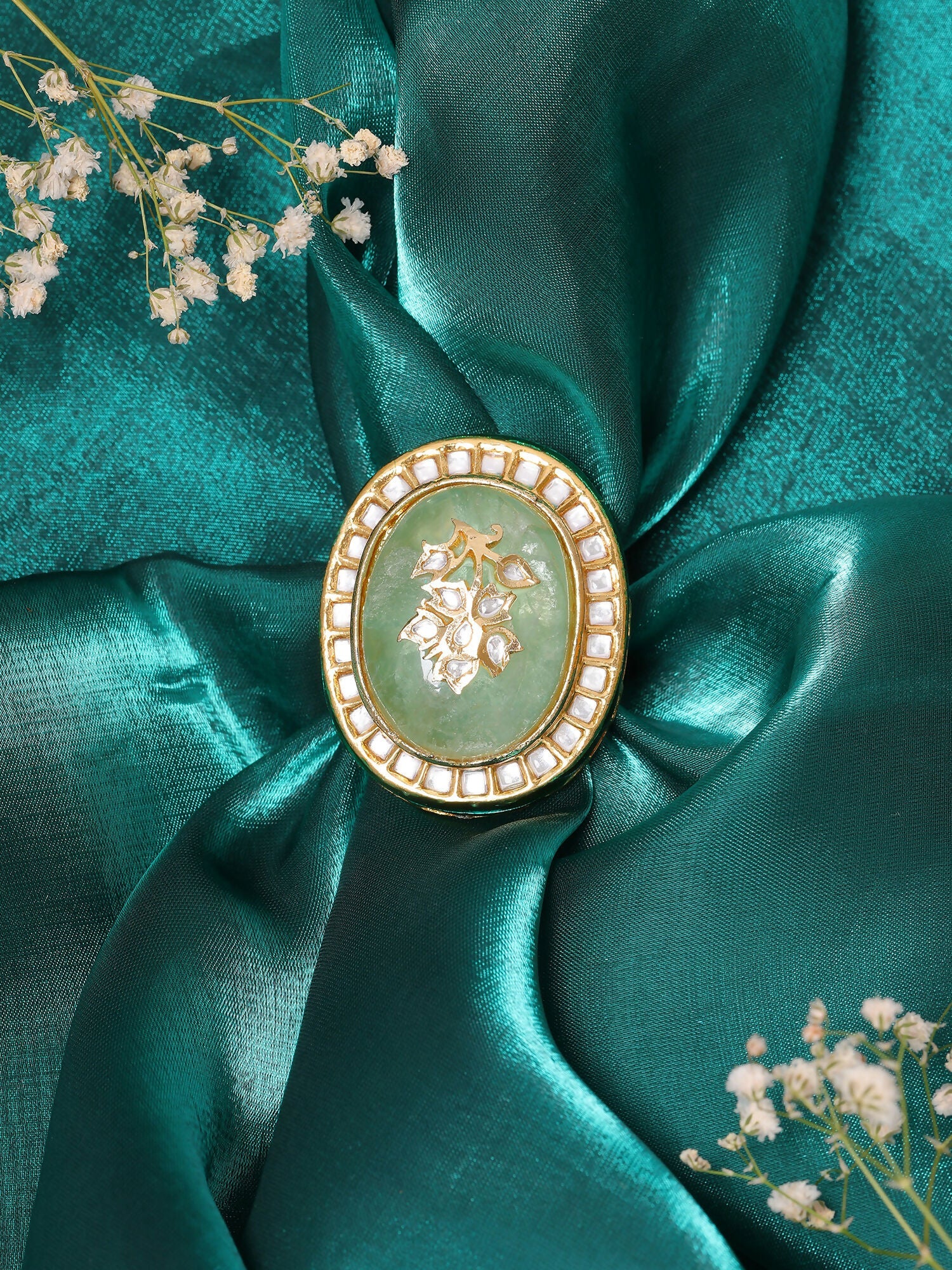Ruby Raang Gold Polished Green Kundan And Stone Ring | Swadesiicart