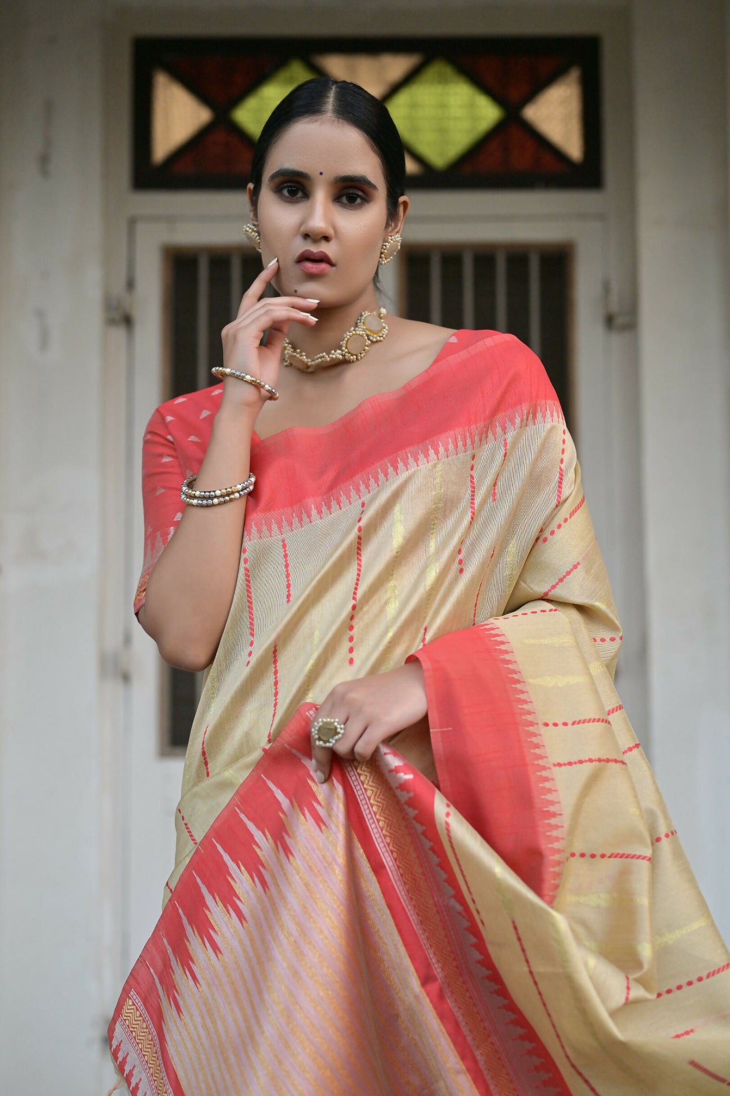 Vishnu Weaves Women's Chiku Raw Silk Saree with Blouse - Swadesiicart