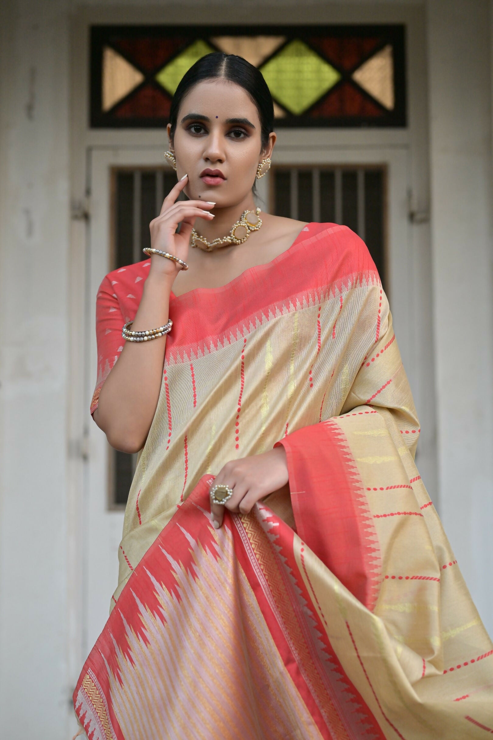Vishnu Weaves Women's Chiku Raw Silk Saree with Blouse - Swadesiicart