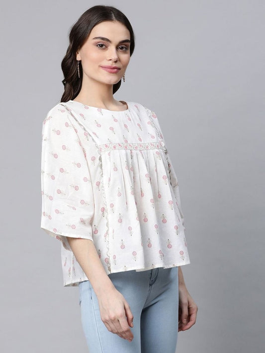 Ahalyaa Off White Pure Cotton Floral Printed Tunic | Swadesiicart