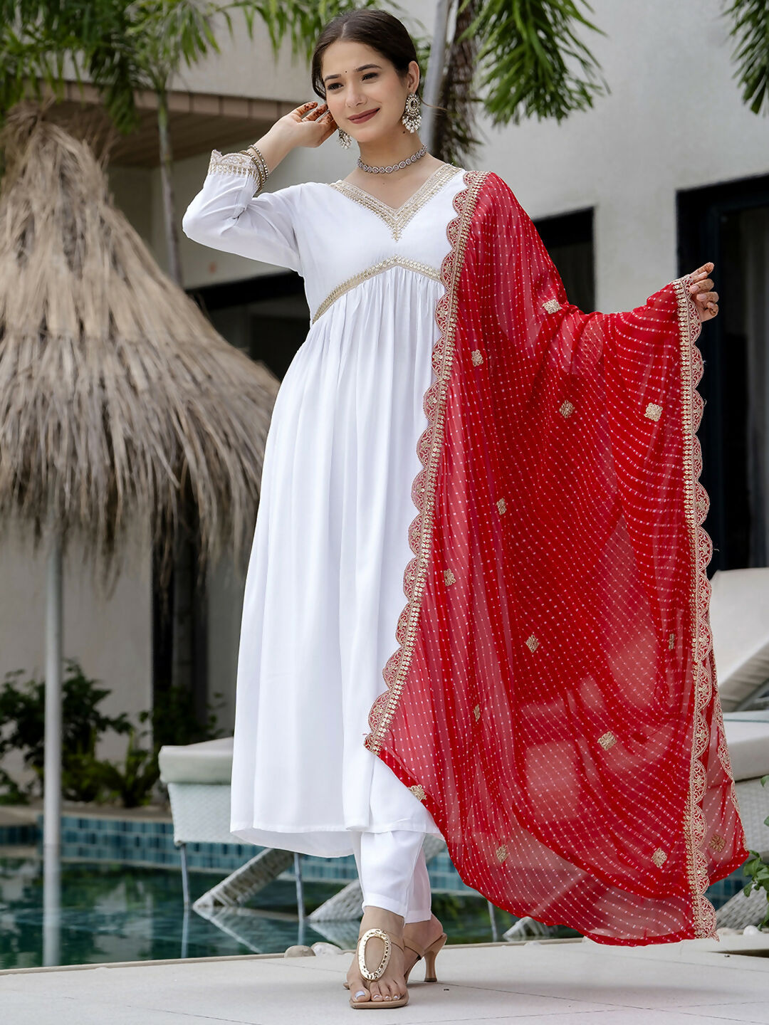 The52 White Women's Gorgeous Embroidered Chanderi Fabric Straight Kurta, Pant and Dupatta Set - Swadesiicart