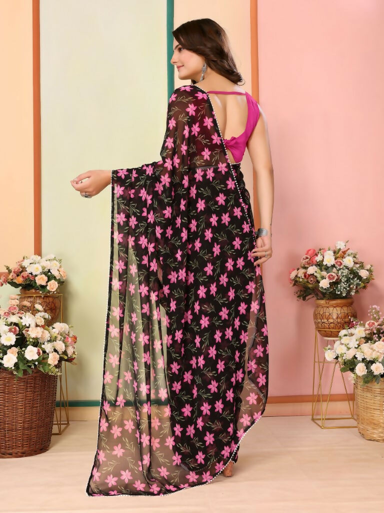 Black Georgette Designer Printed Ready To Wear Saree - Elite | Swadesiicart