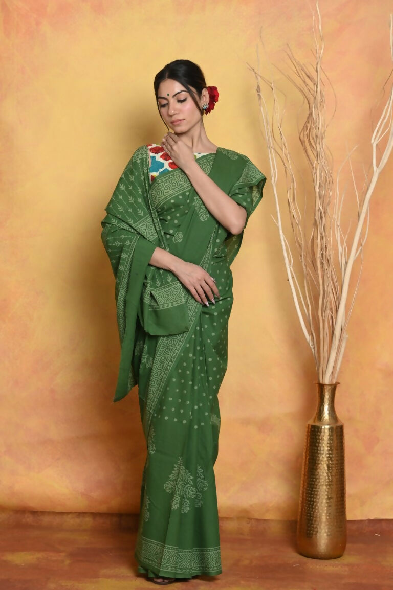 Very Much Indian Handblock Printed Cotton Saree With Natural Dyes - Green | Swadesiicart
