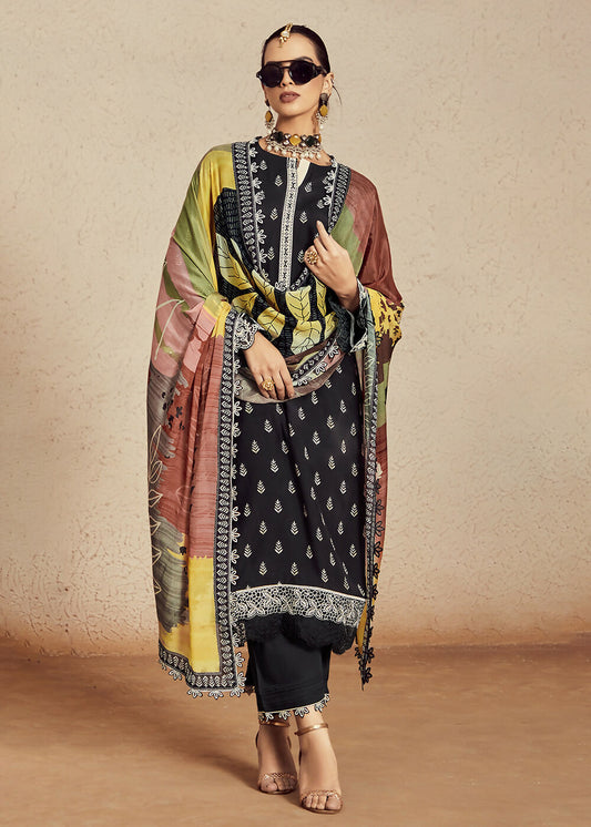 Muslin Cotton Black Digital Print & Embroidered Salwar Suit - Emponline | Swadesiicart
