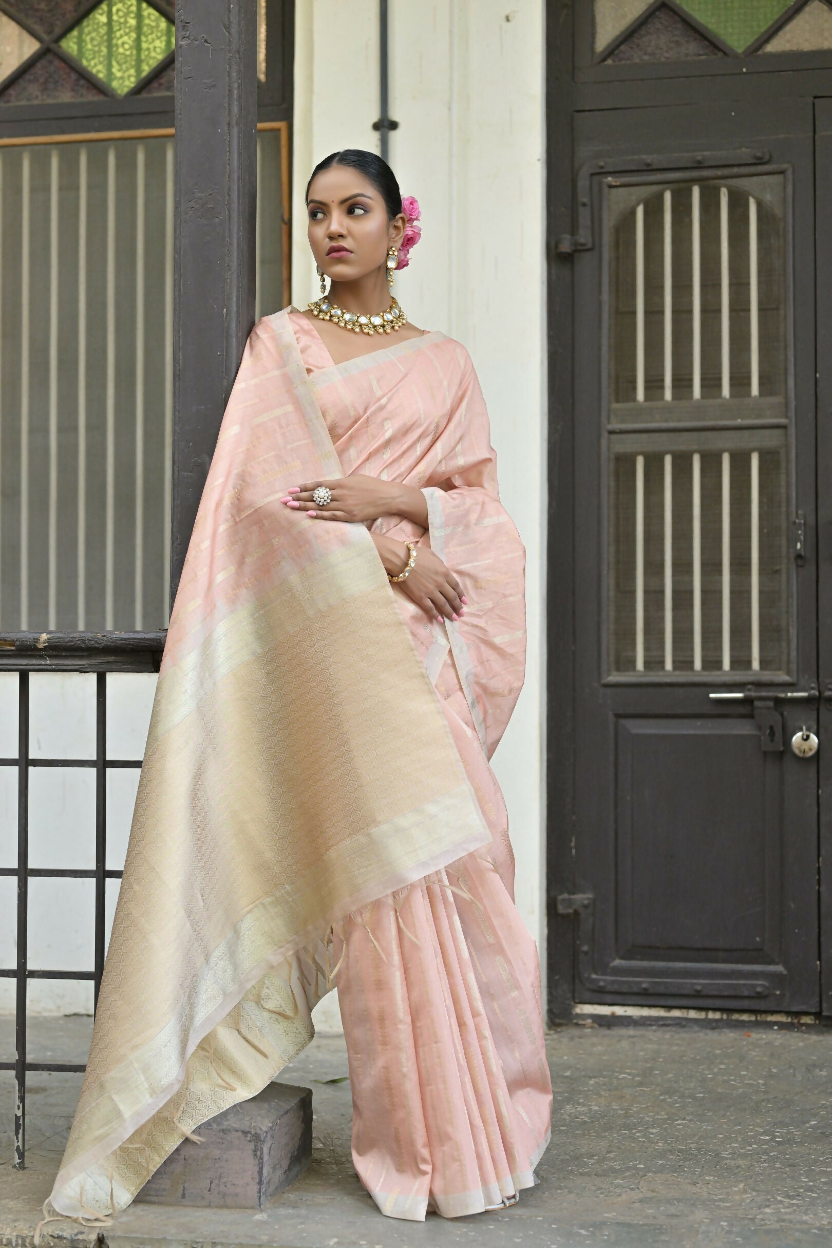 Vishnu Weaves Women's Peach Premium Tussar Silk Saree with Blouse - Swadesiicart