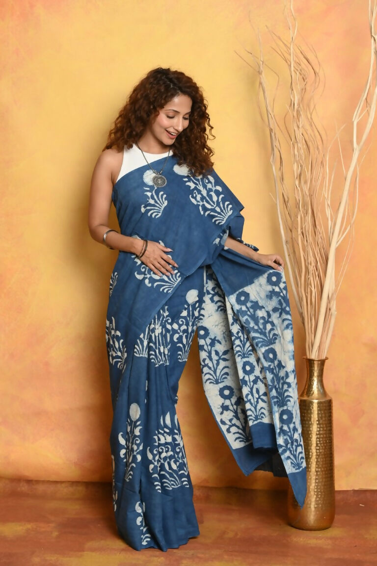 Very Much Indian Handblock Printed Cotton Saree With Natural Dyes - Cerulean Blue | Swadesiicart