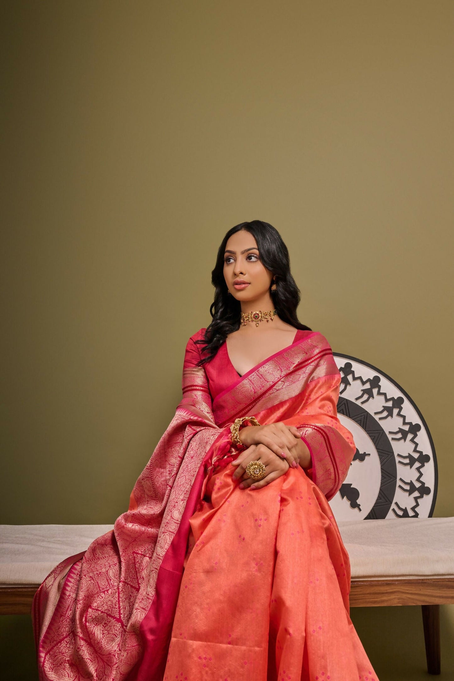 Vishnu Weaves Women's Peach Raw Silk Zari Woven Saree with Blouse - Swadesiicart