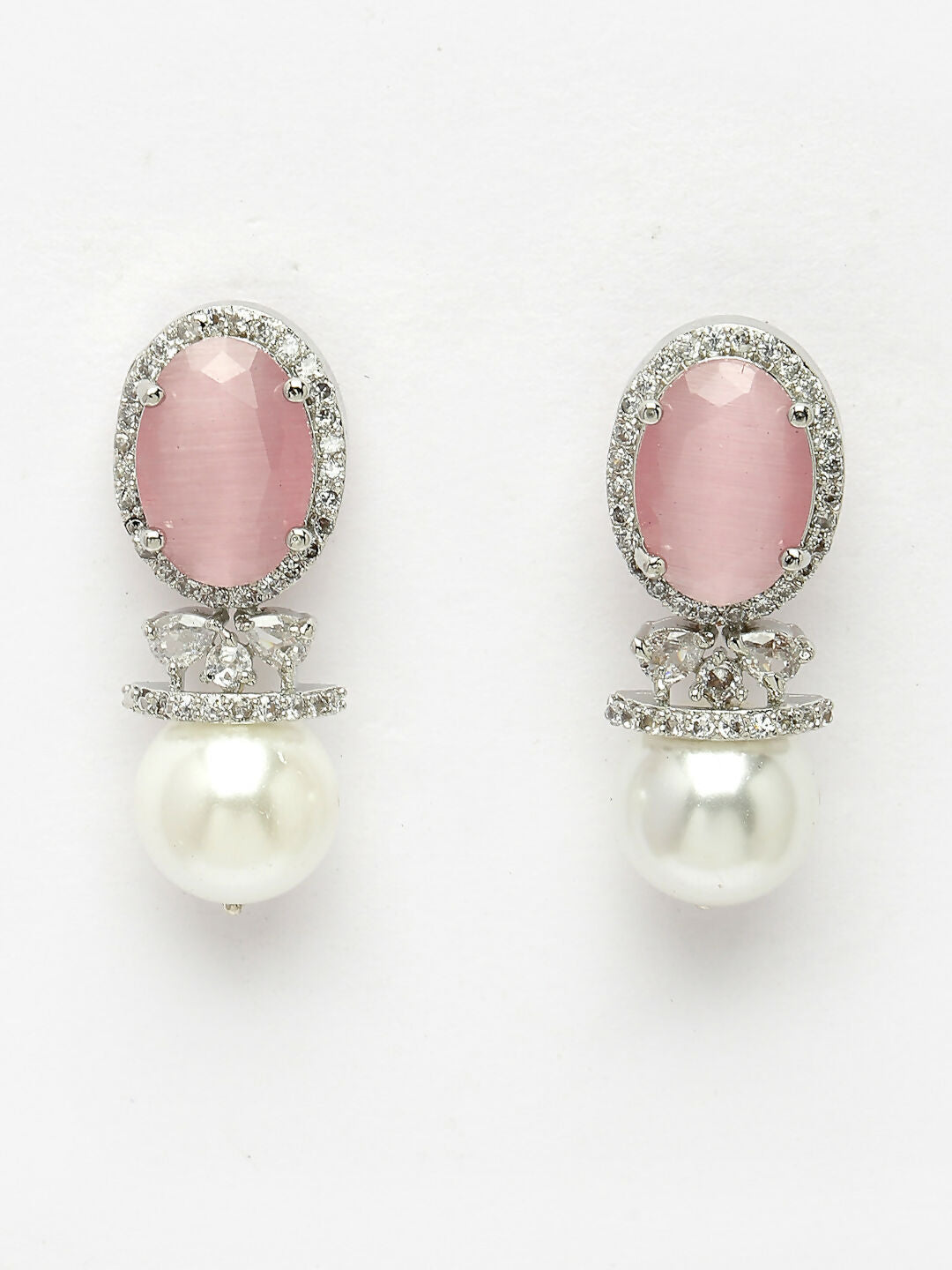 NVR Women's Silver-Plated Pink American Diamond Studded Handcrafted Jewellery Set - Swadesiicart