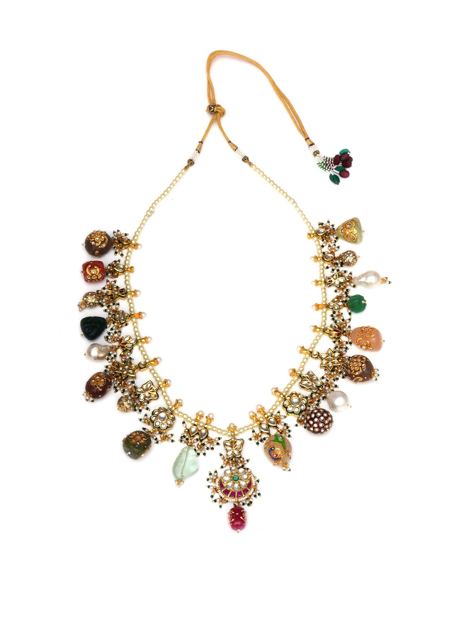 Long Kundan Neckpiece with Earrings with Multi Stones Jewellery Set (Gold) - Ruby Raang - Swadesiicart