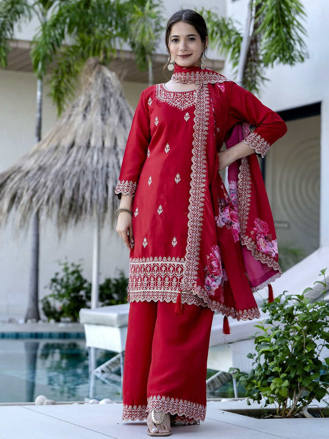 The52 Red Women's Gorgeous Embroidered Vichitra Silk Fabric Straight Kurta, Sharara and Dupatta Set - Swadesiicart
