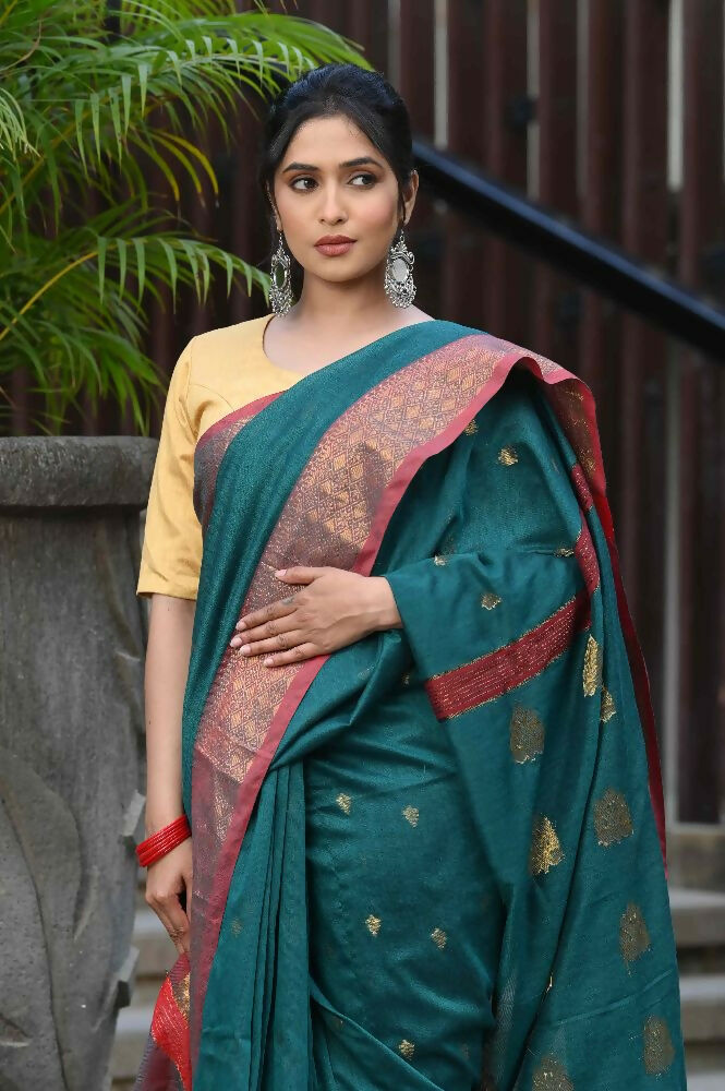 Beatitude Green Cotton Banarasi Saree | Swadesiicart