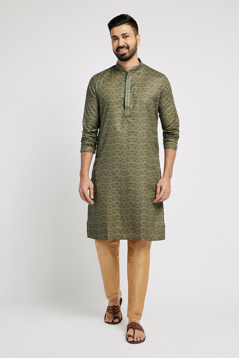 Ethnic India Green Men's Kurta Abstract Polyester | Swadesiicart