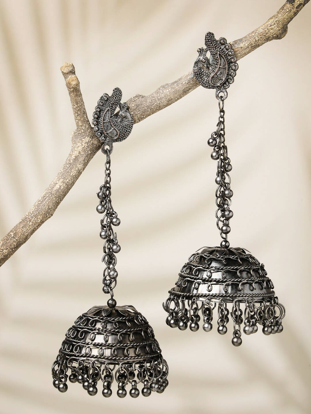 NVR Women Black Oxidised Brass-Plated Jhumka Earrings - Swadesiicart