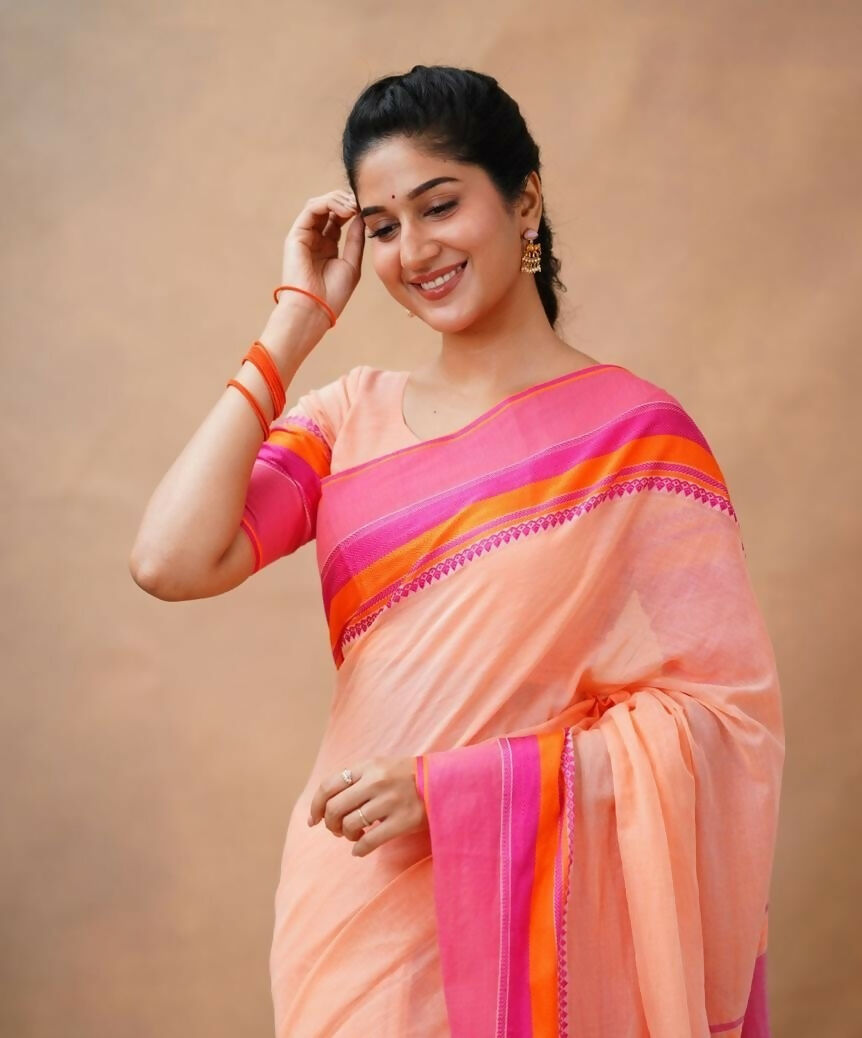 Exclusive Collection Light Orange Beautiful Khadi Cotton Handloom Saree - Swadesiicart