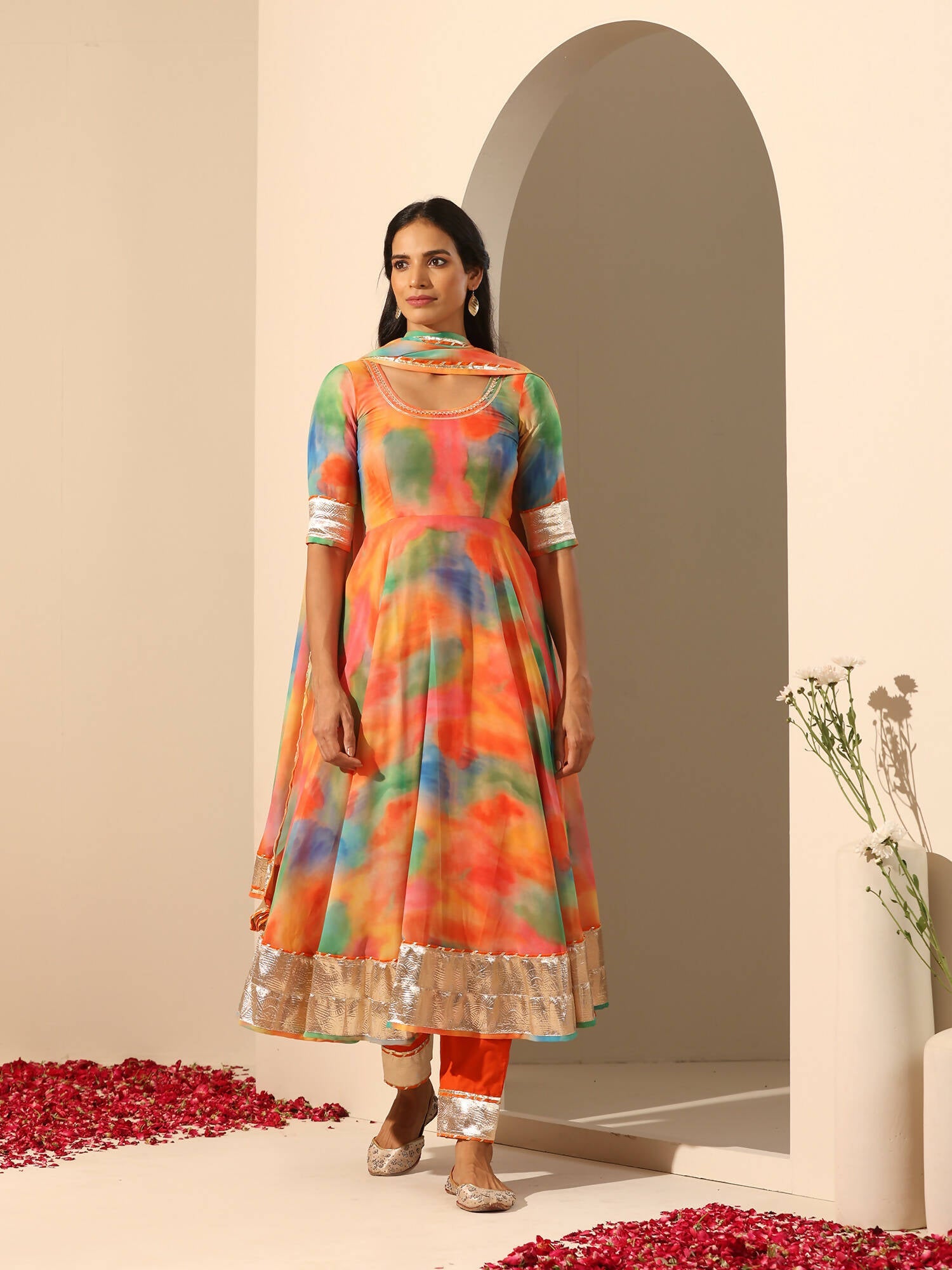 Pomcha Jaipur Orange Gul Rangbirangi Anarkali Set | Swadesiicart