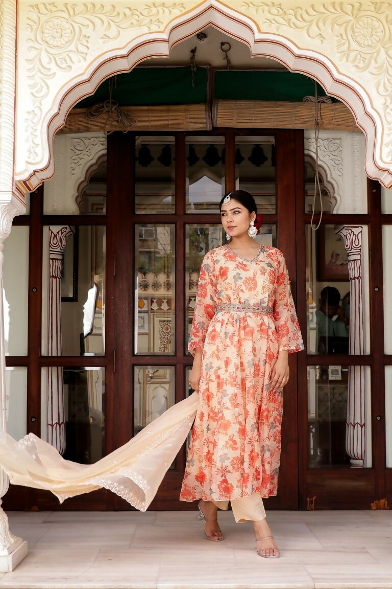 Vaasva Women Cream Organza Floral Print & Embroidered Anarkali Kurta, Pant & Dupatta set | Swadesiicart