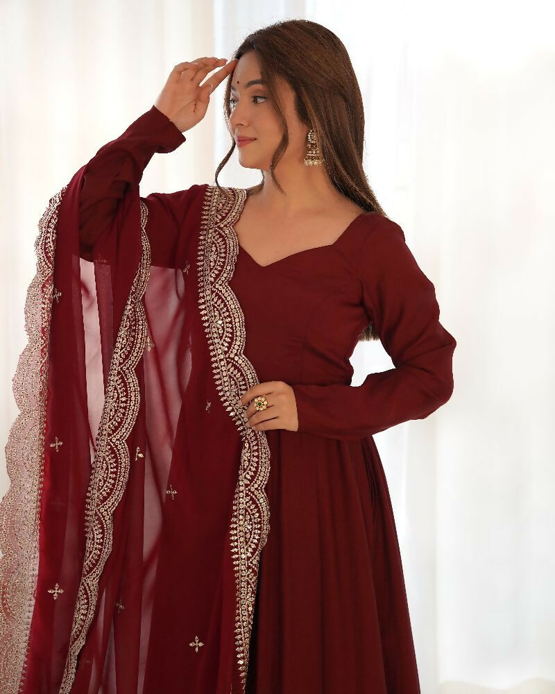 Joban Fashion Maroon Kurta Set Chanderi Sequence Embroidery Work - Swadesiicart