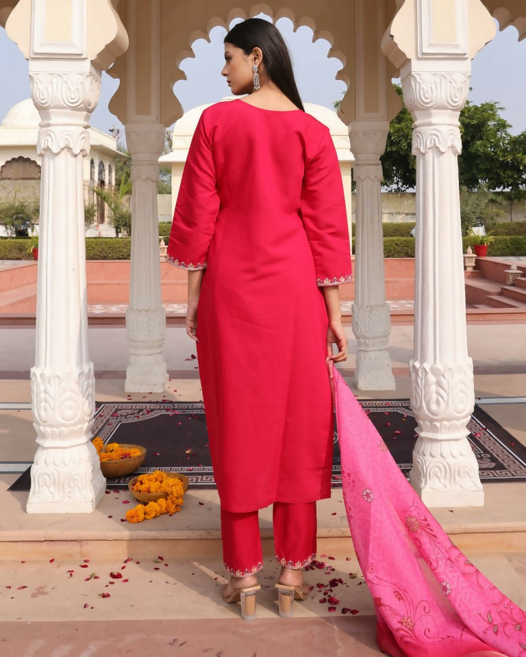 Jyoti Fashion Women's Pink Cotton Silk Hand Work with Floral Printed Kurta Set | Swadesiicart