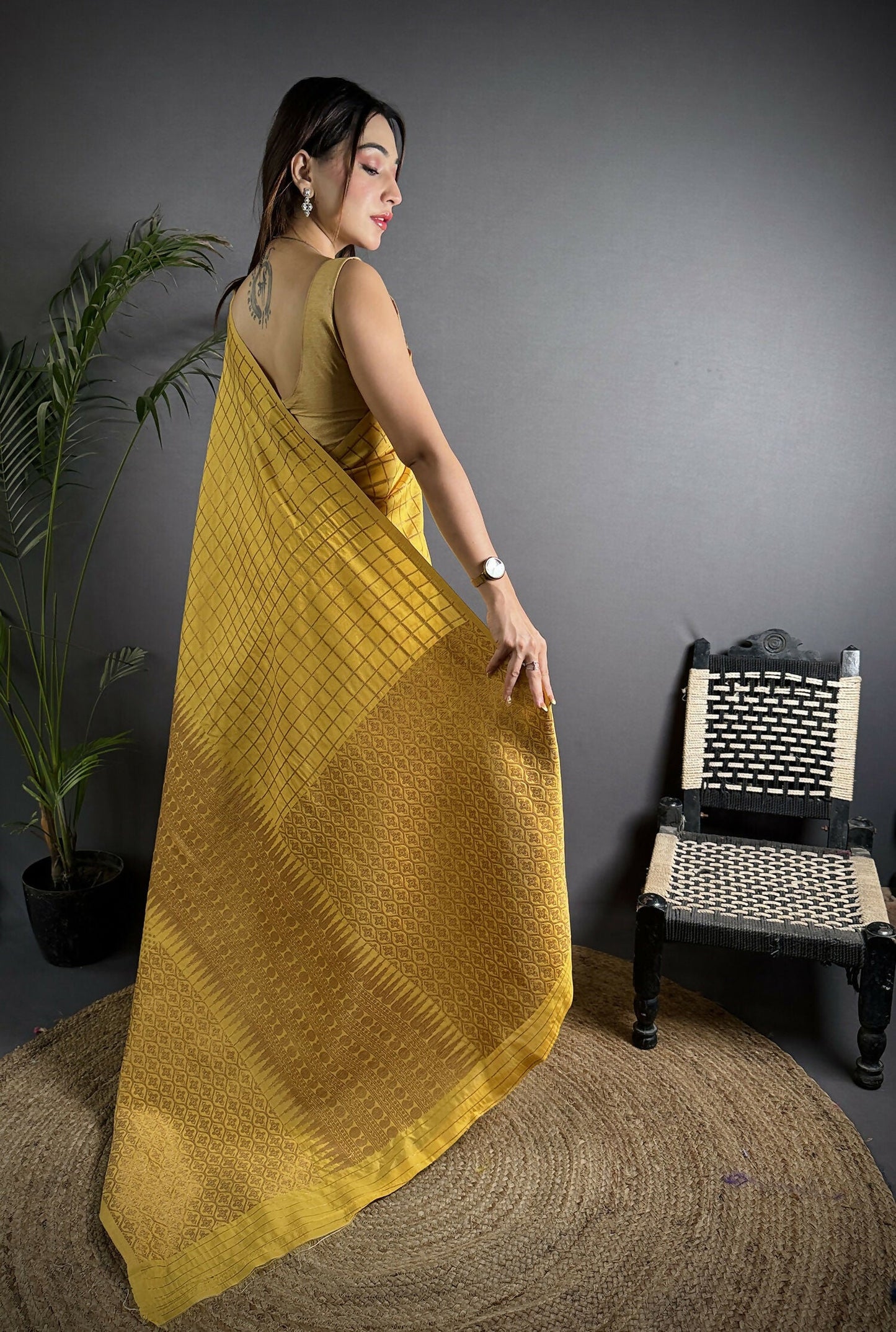 Joban Fashion Golden Yellow Banarasi Soft Lichi Silk Checks & Woven Saree | Swadesiicart