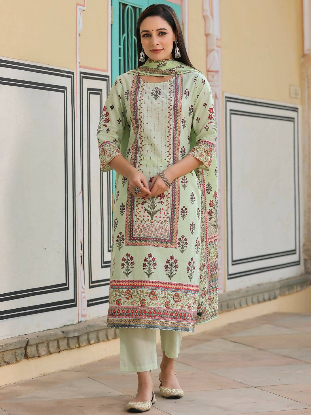 Juniper Women's Lime Green Cambric Floral Placement Printed Straight Fit Kurta Sets | Swadesiicart