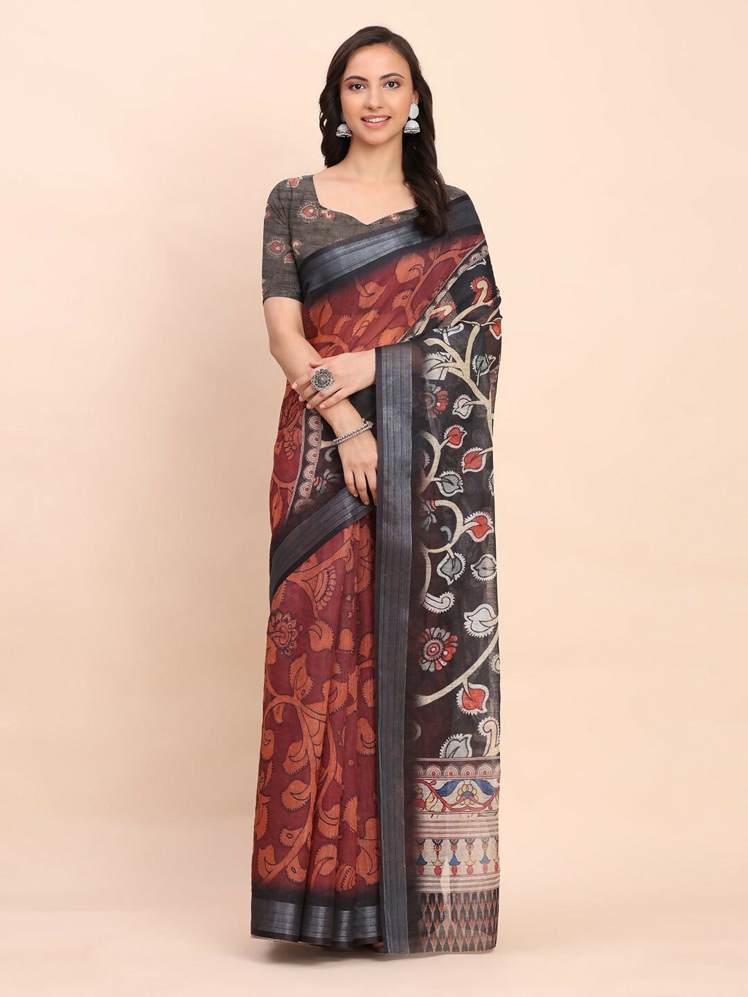 Shree Shyam Fashion Linen Cotton Maroon Saree