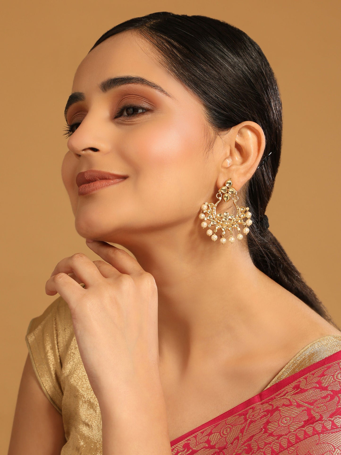 Nuyug 22K Gold Plated Kundan Chandbali Pearl Elegance Earrings | Swadesiicart