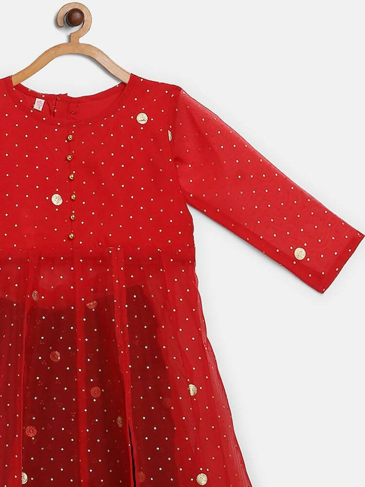 Ahalyaa Red Organza Kids Kurta Palazzo Set For Girls | Swadesiicart