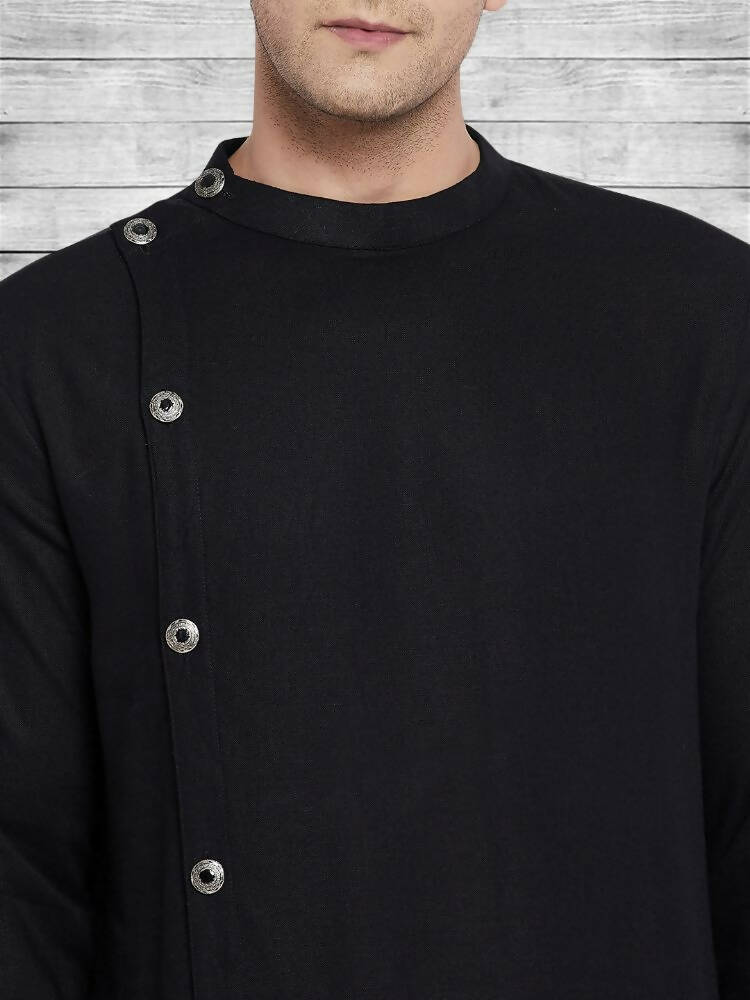Even Apparels Black Cotton Linen Asymetrical Kurta - Black | Swadesiicart