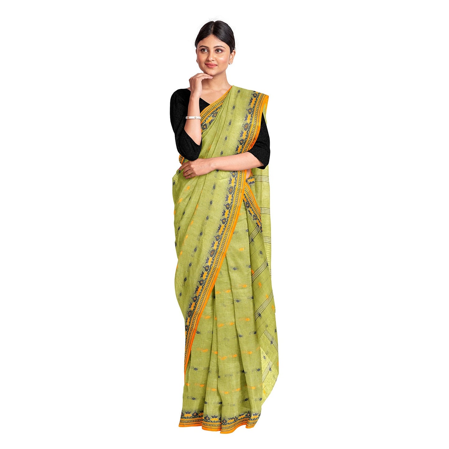 Exclusive Collection 100% Pure Cotton Light Green Tant Saree With Hand Weaving Work - Swadesiicart