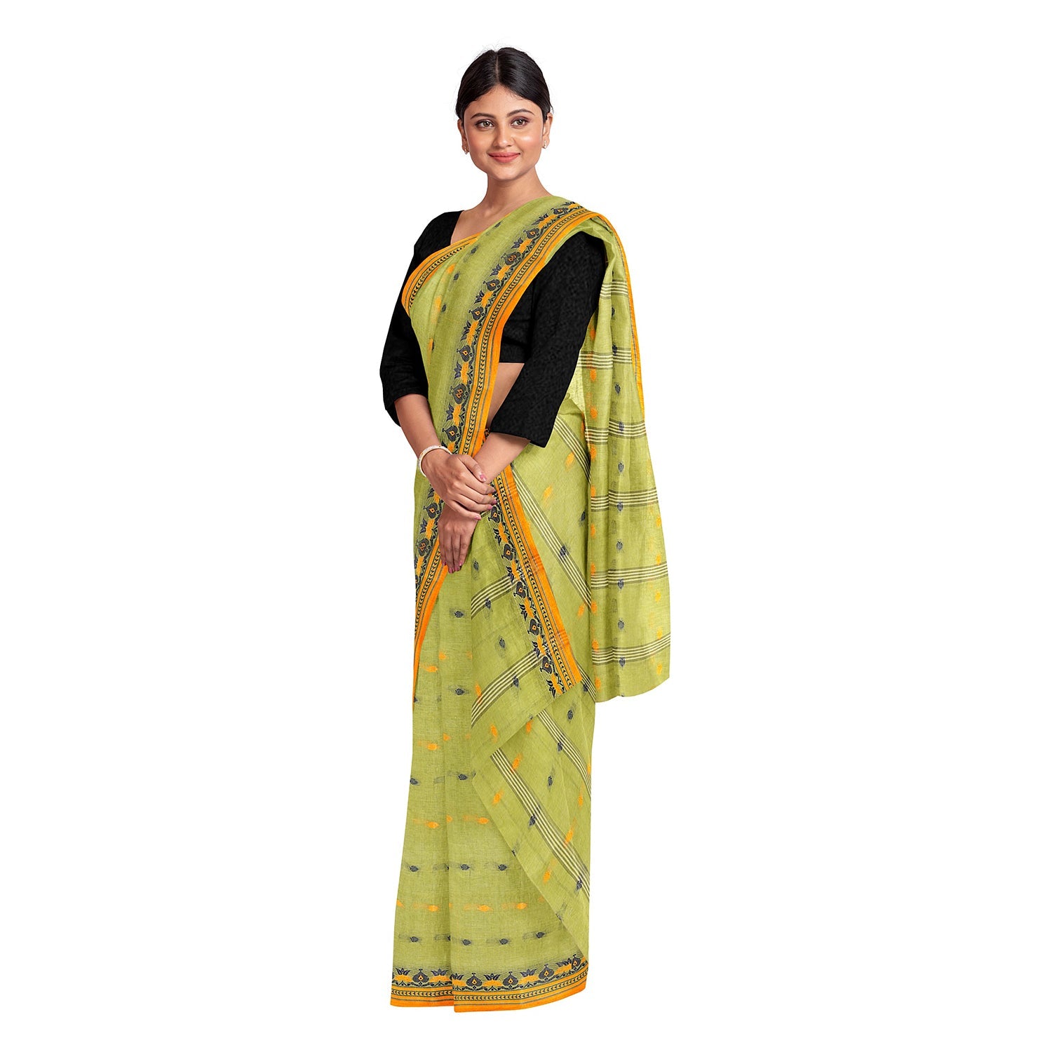 Exclusive Collection 100% Pure Cotton Light Green Tant Saree With Hand Weaving Work - Swadesiicart