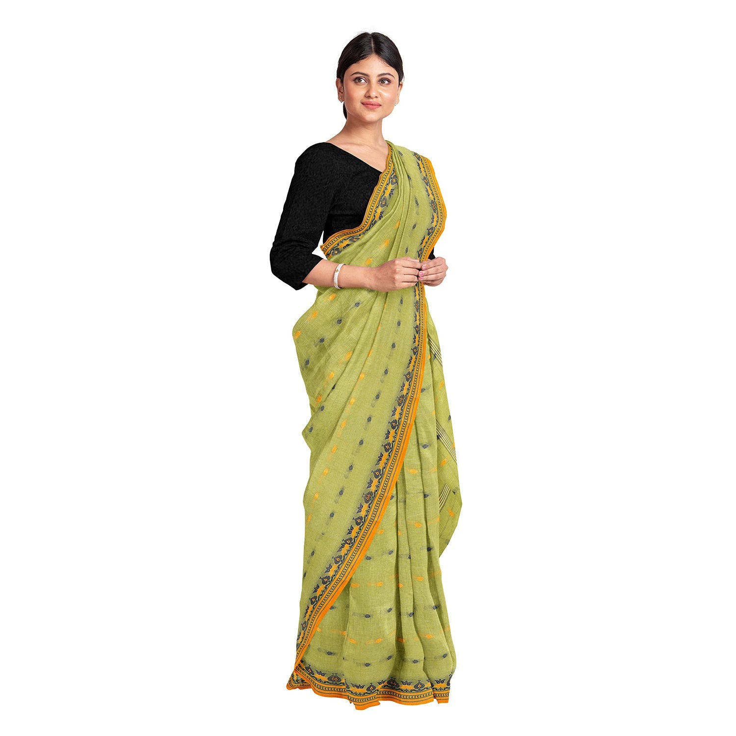 Exclusive Collection 100% Pure Cotton Light Green Tant Saree With Hand Weaving Work - Swadesiicart