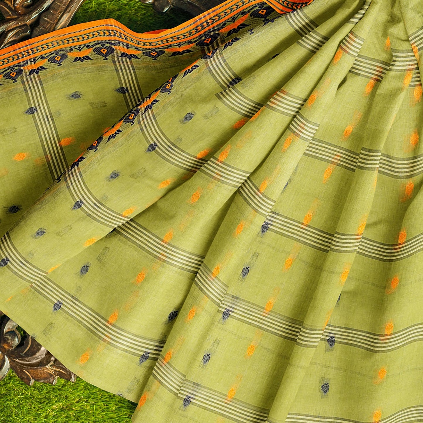 Exclusive Collection 100% Pure Cotton Light Green Tant Saree With Hand Weaving Work - Swadesiicart