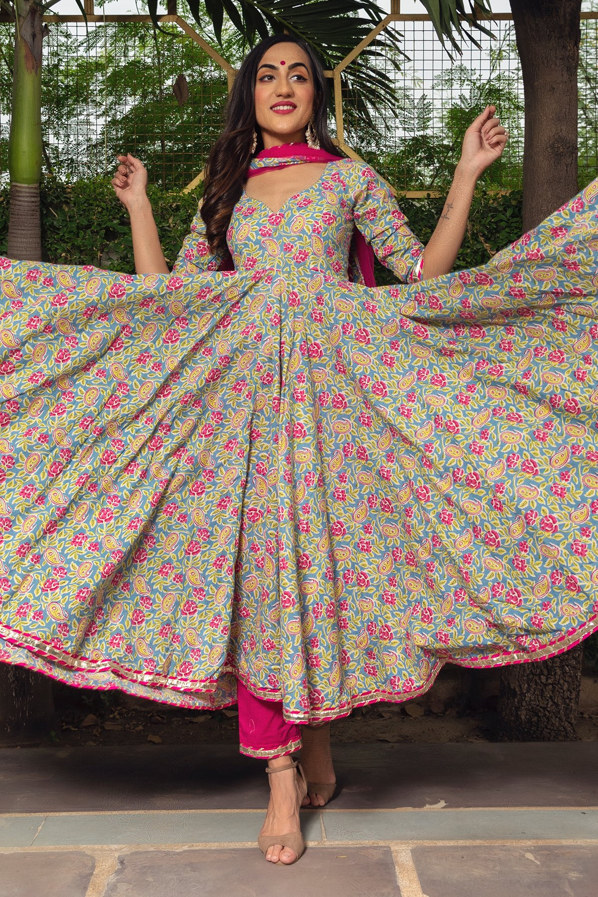 Pomcha Jaipur Jaipuri Hand Block Cotton Anarkali Set | Swadesiicart