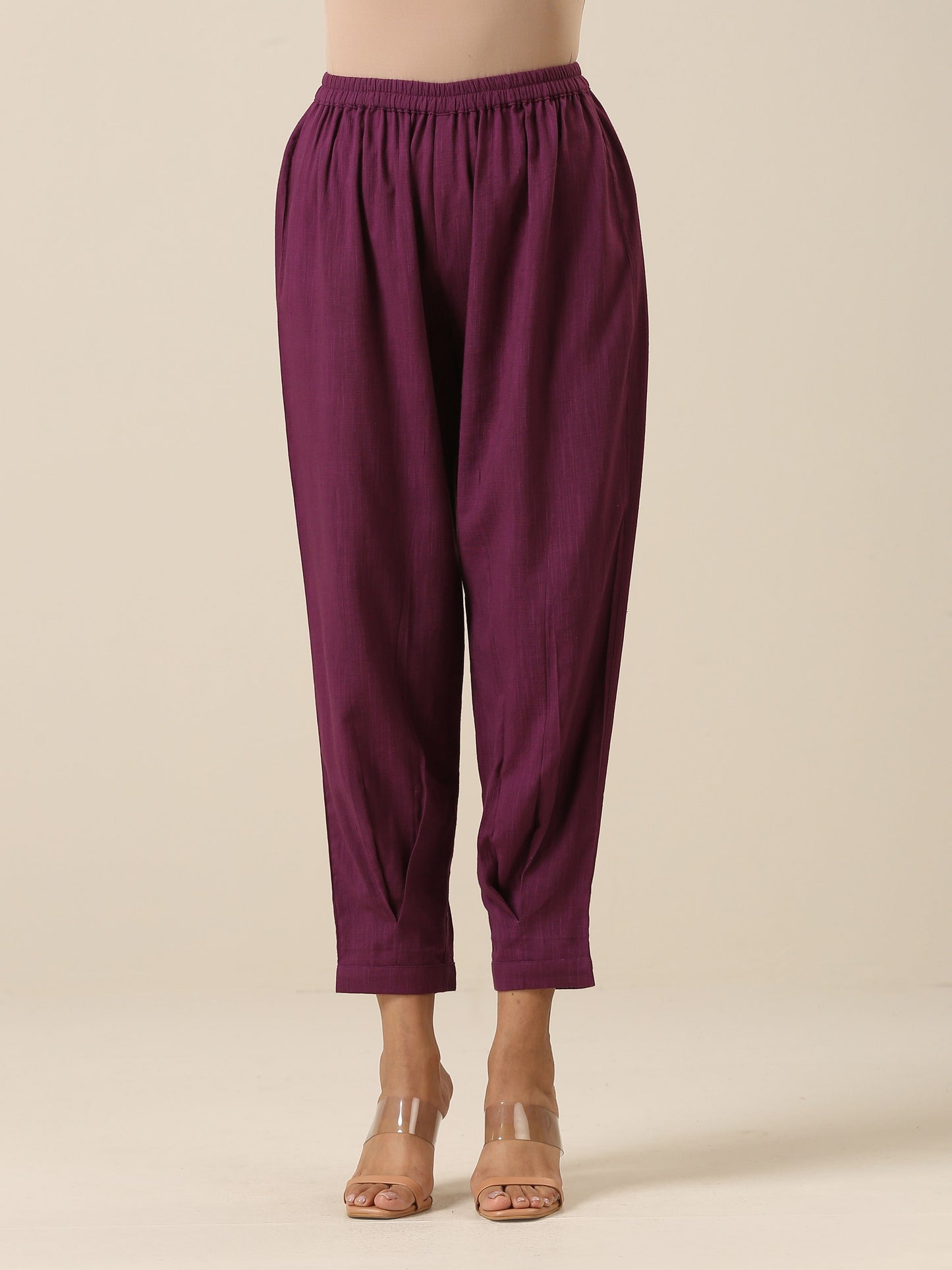 trueBrowns Plum Purple Slub Texture Pleated Co-Ord Set - Swadesiicart