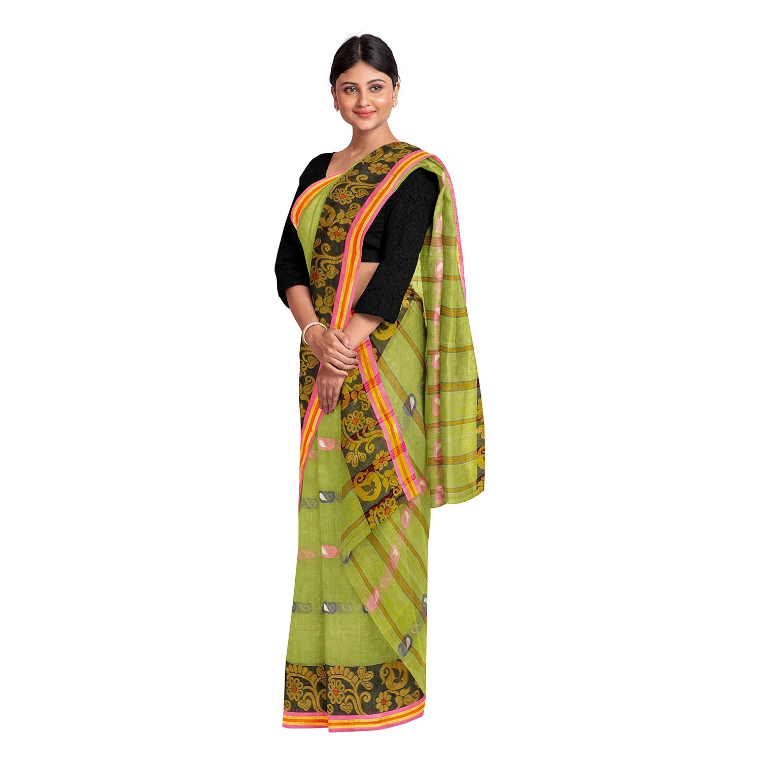Exclusive Collection 100% Pure Cotton Light Green Tant Saree With Hand Weaving Work - Swadesiicart