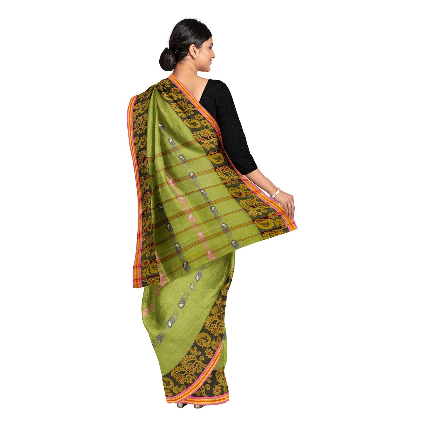 Exclusive Collection 100% Pure Cotton Light Green Tant Saree With Hand Weaving Work - Swadesiicart