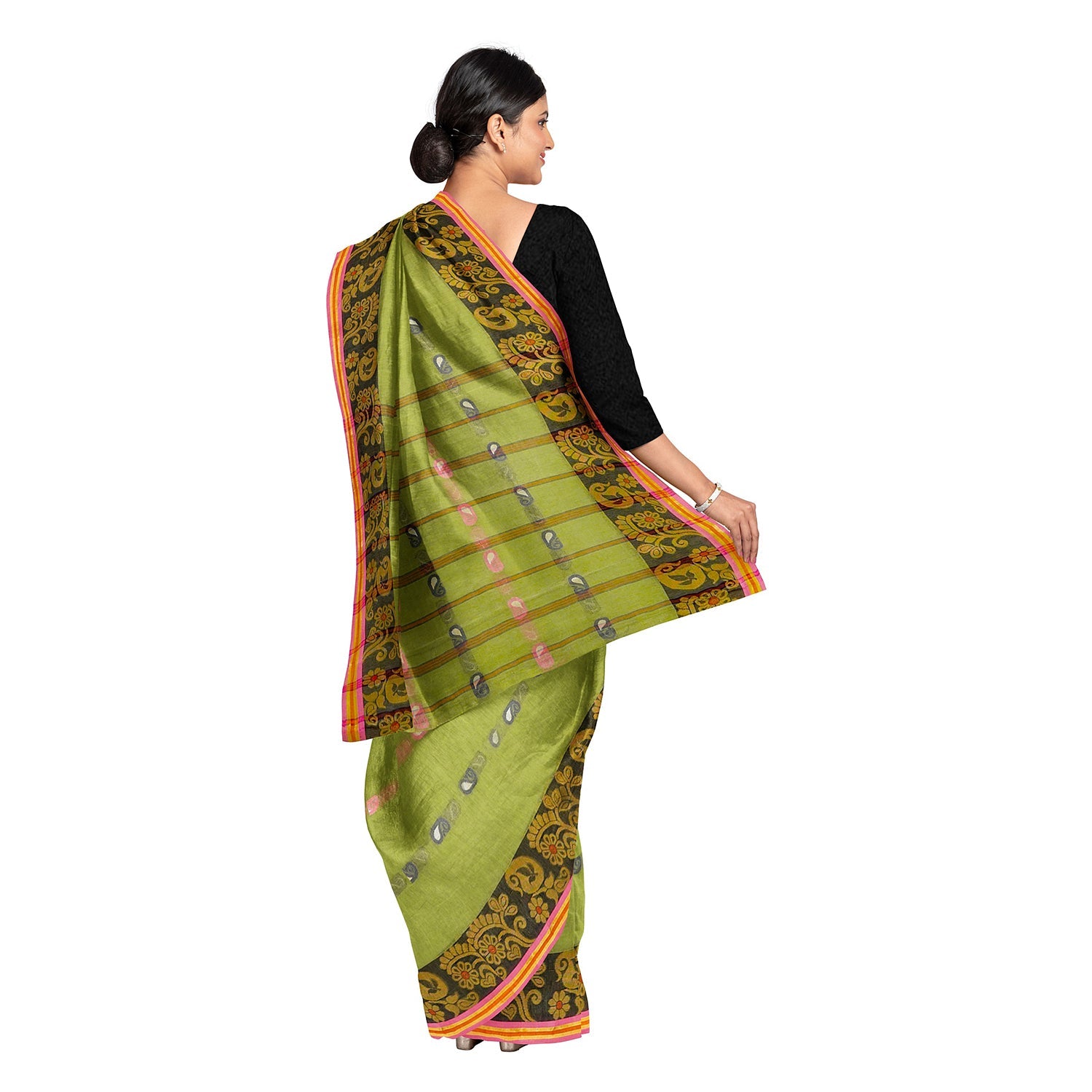 Exclusive Collection 100% Pure Cotton Light Green Tant Saree With Hand Weaving Work - Swadesiicart