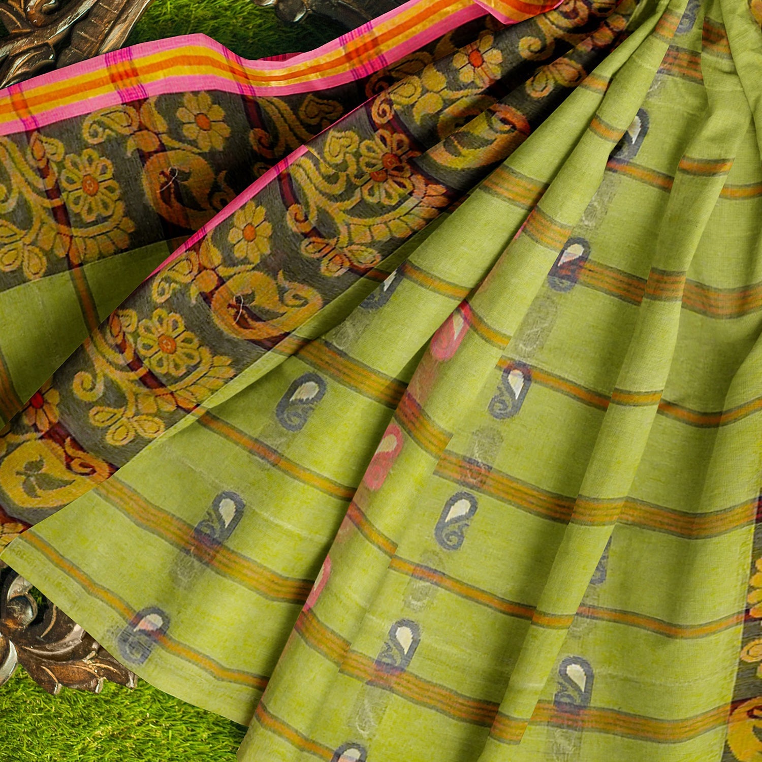 Exclusive Collection 100% Pure Cotton Light Green Tant Saree With Hand Weaving Work - Swadesiicart