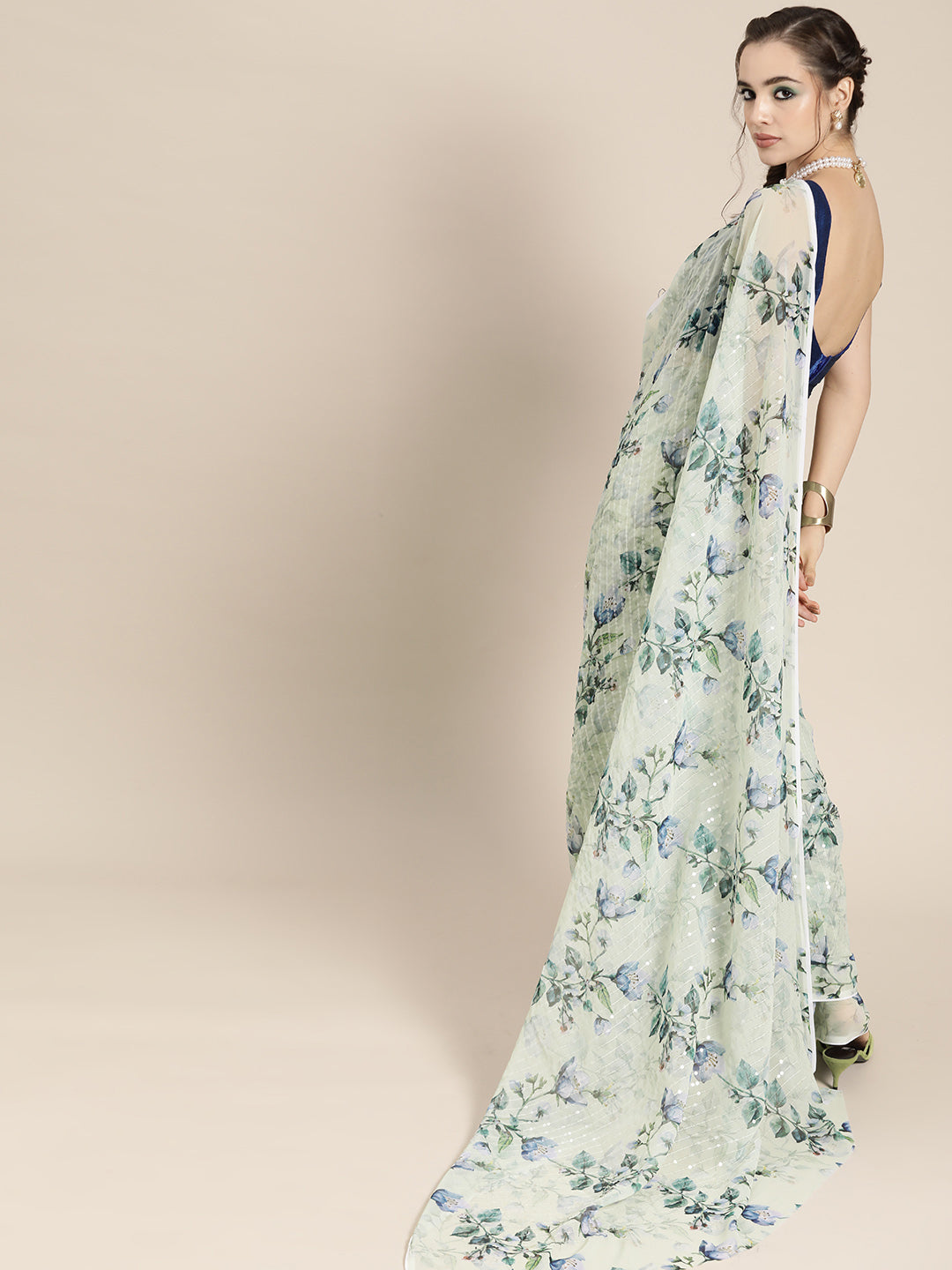 Saree Mall Blue Floral Sequinned Linen Blend Chanderi Saree | Swadesiicart