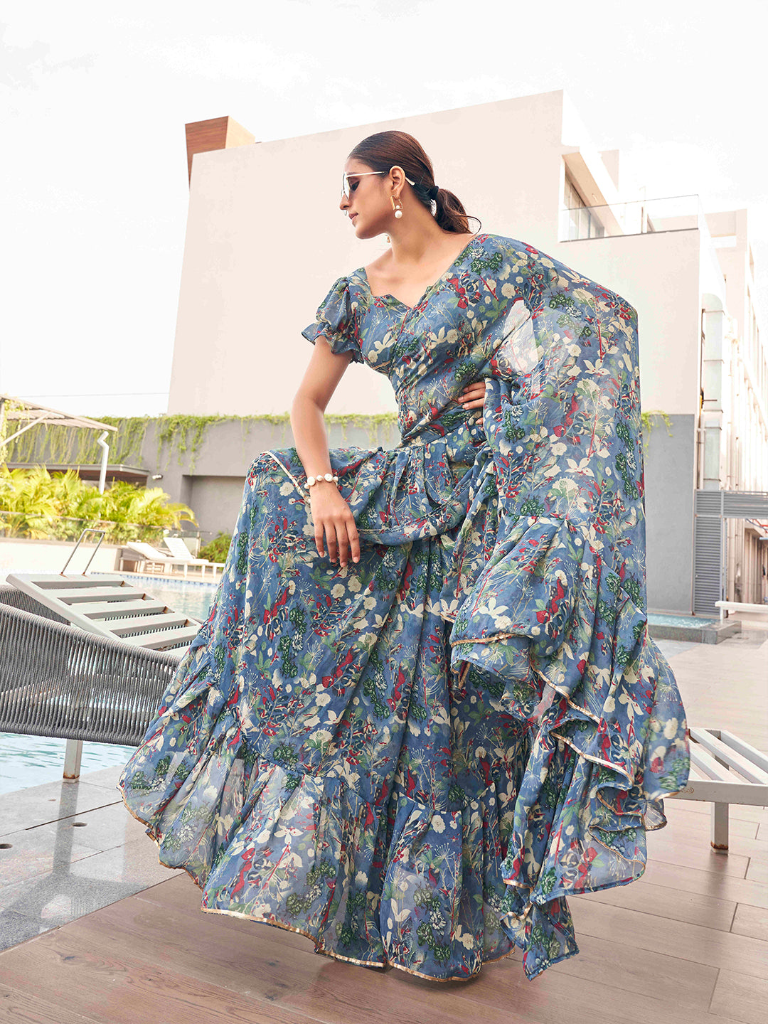 Tikhi Imli Floral printed ruffled saree | Swadesiicart