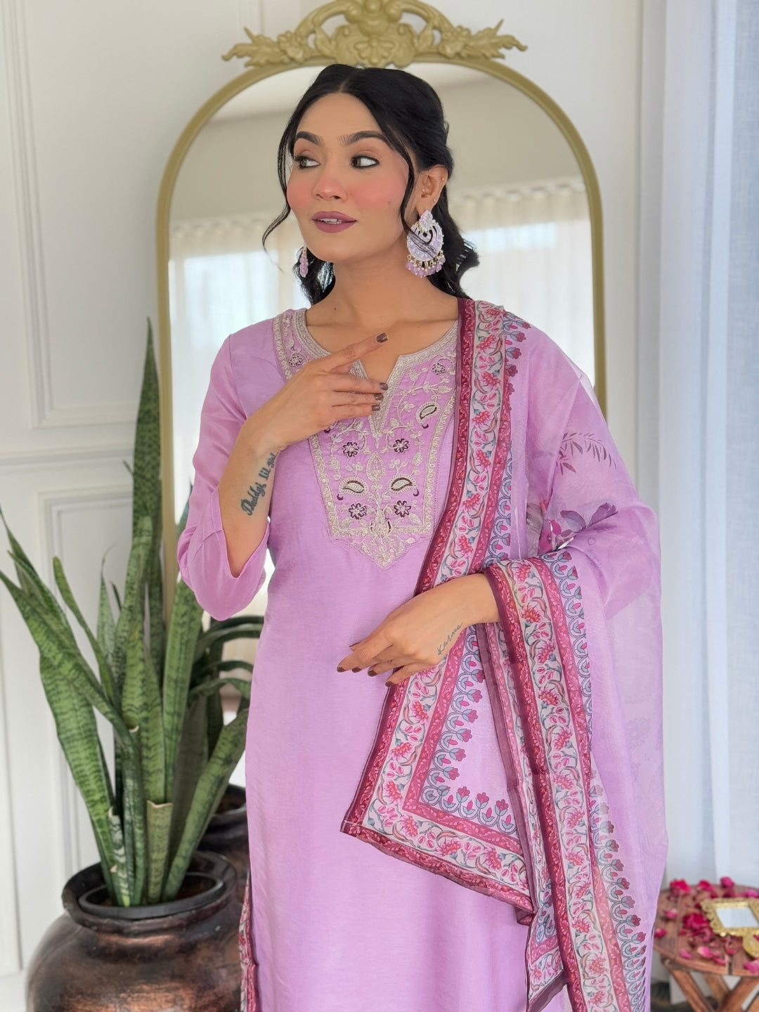 The52 Women's Gorgeous Rayon Embroidery work Straight Kurta with Pant and Dupatta Set - Swadesiicart