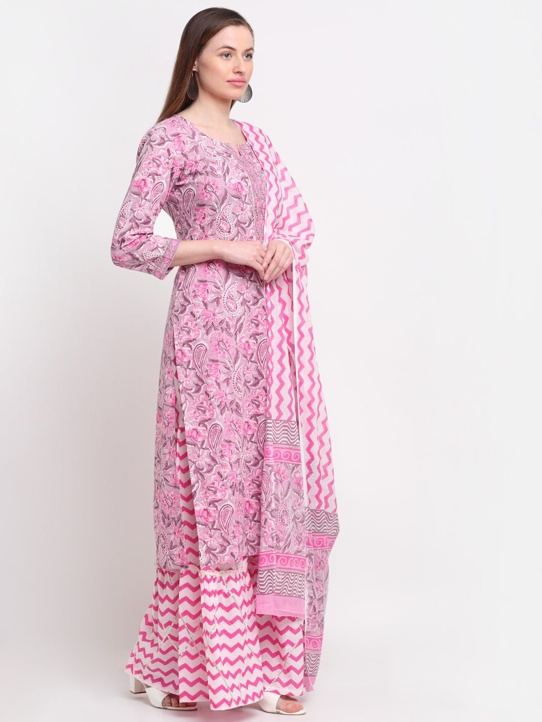Kalini Women Pink Paisley Printed Pure Cotton Kurta with Sharara & With Dupatta | Swadesiicart