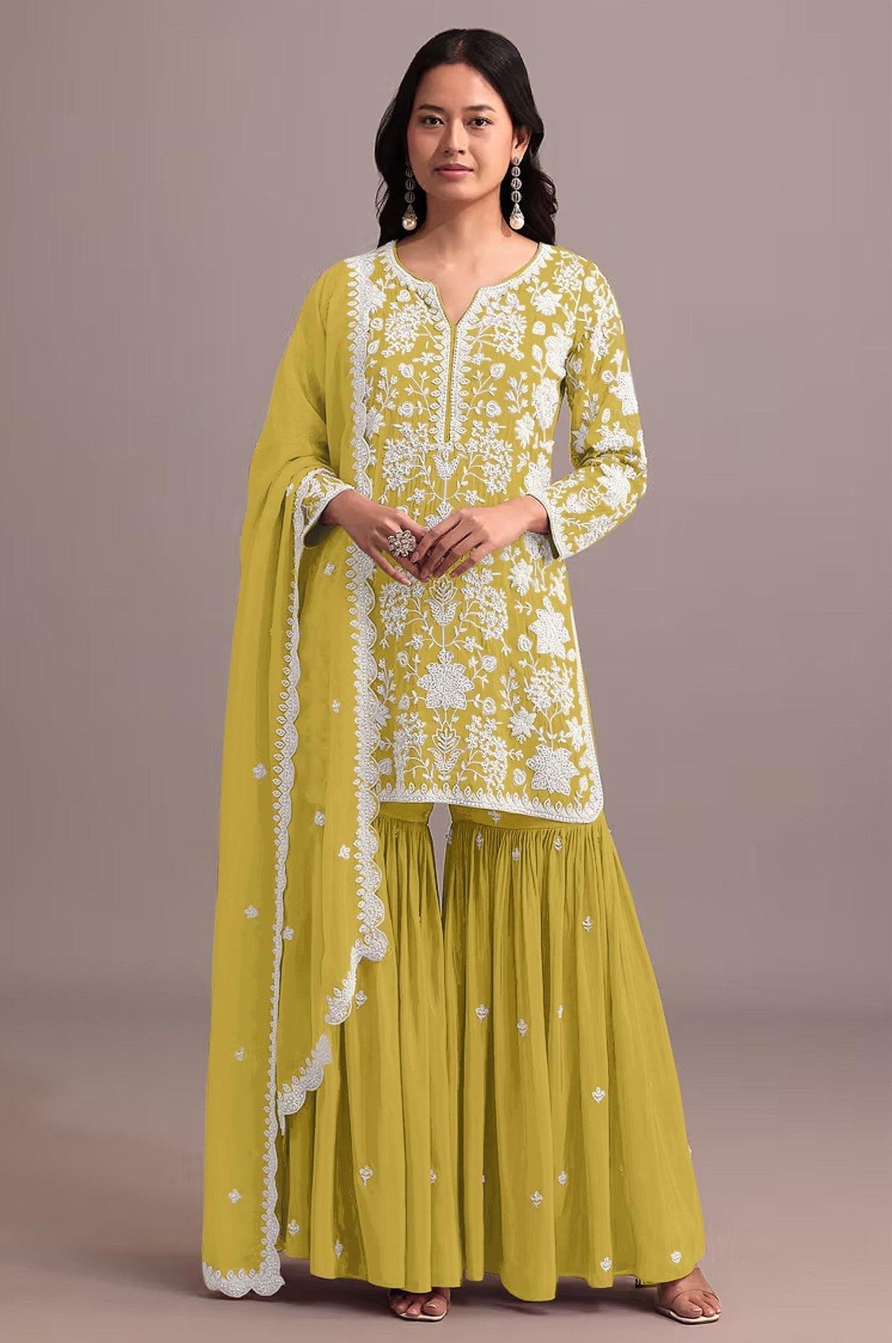 Anaita Yellow Embroidered Faux Georgette Sharara Suit