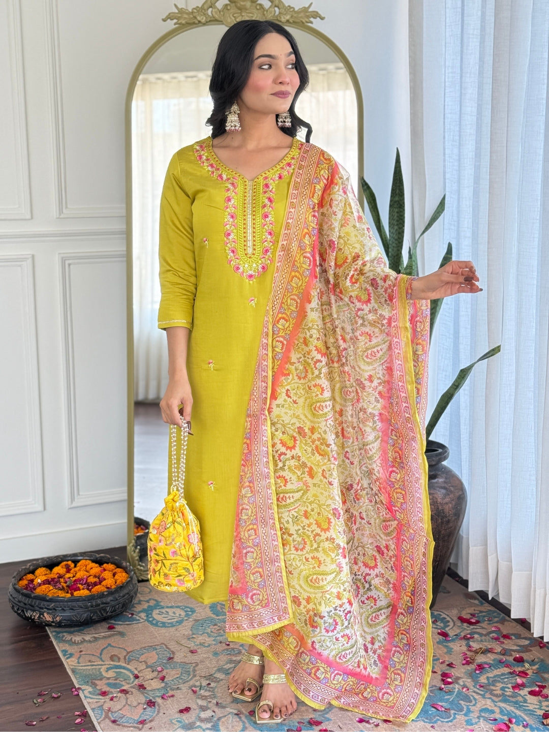 The52 Women's Gorgeous Rayon Embroidery work Straight Kurta with Pant and Dupatta Set - Swadesiicart