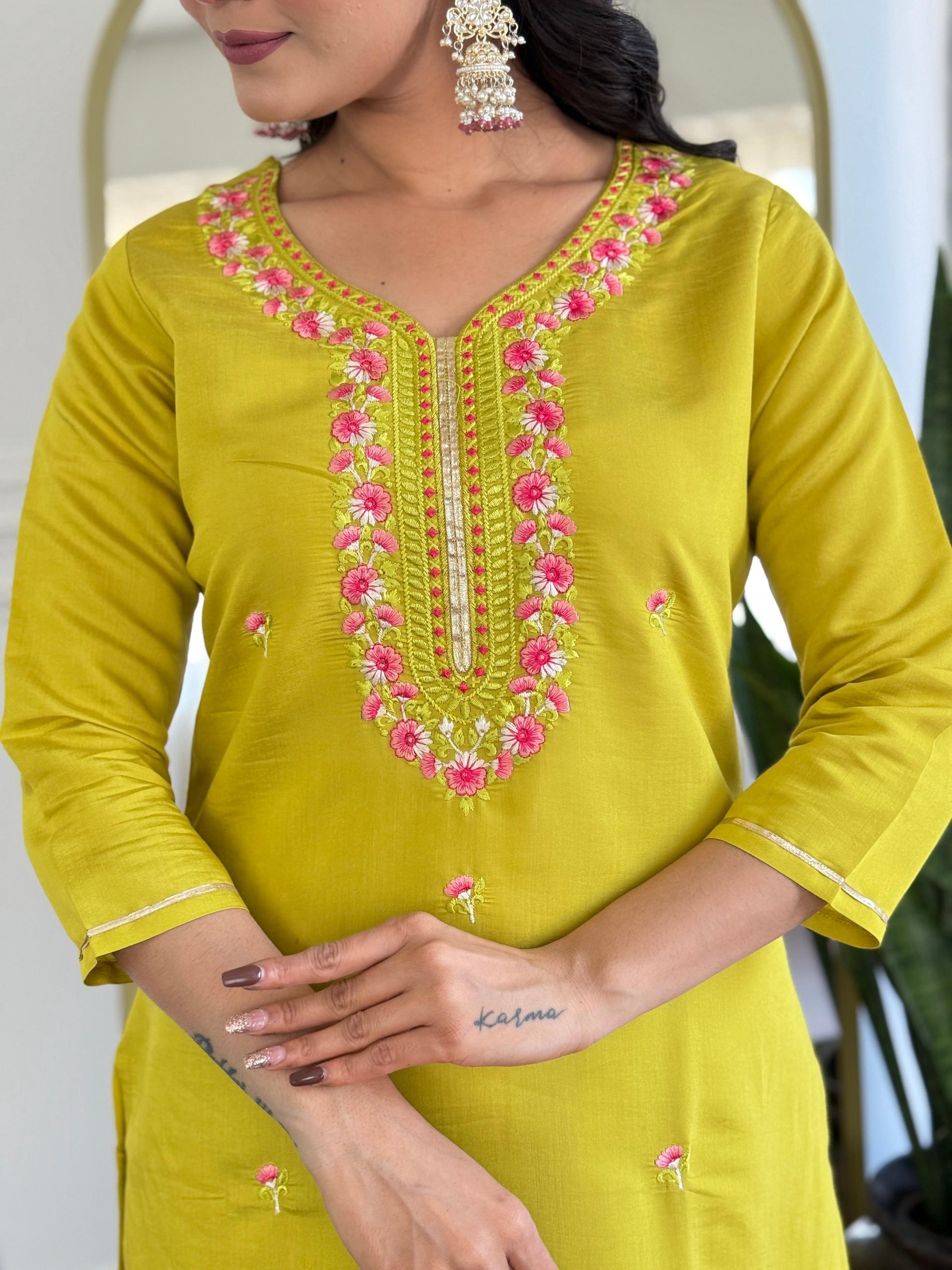 The52 Women's Gorgeous Rayon Embroidery work Straight Kurta with Pant and Dupatta Set - Swadesiicart