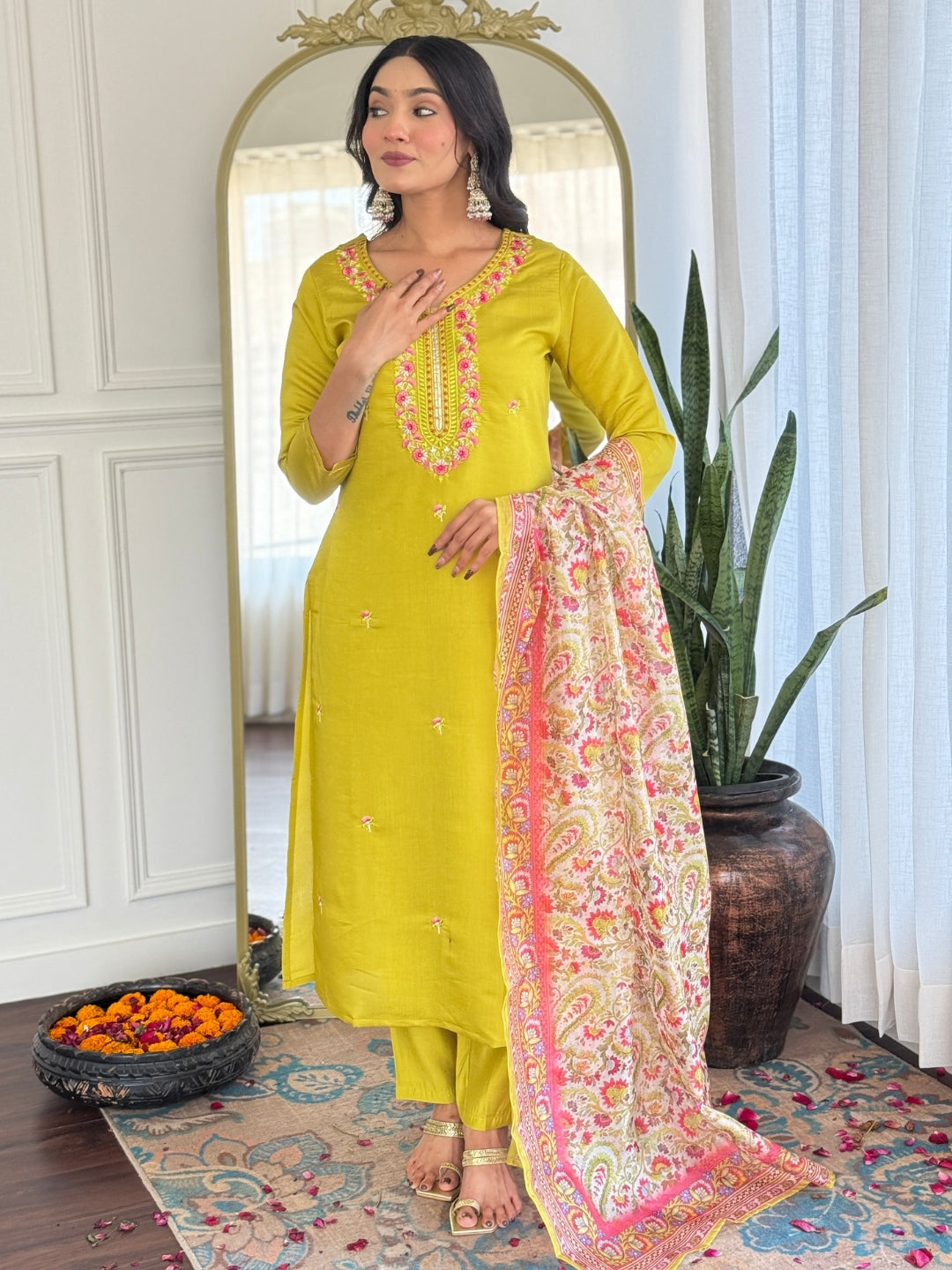 The52 Women's Gorgeous Rayon Embroidery work Straight Kurta with Pant and Dupatta Set - Swadesiicart