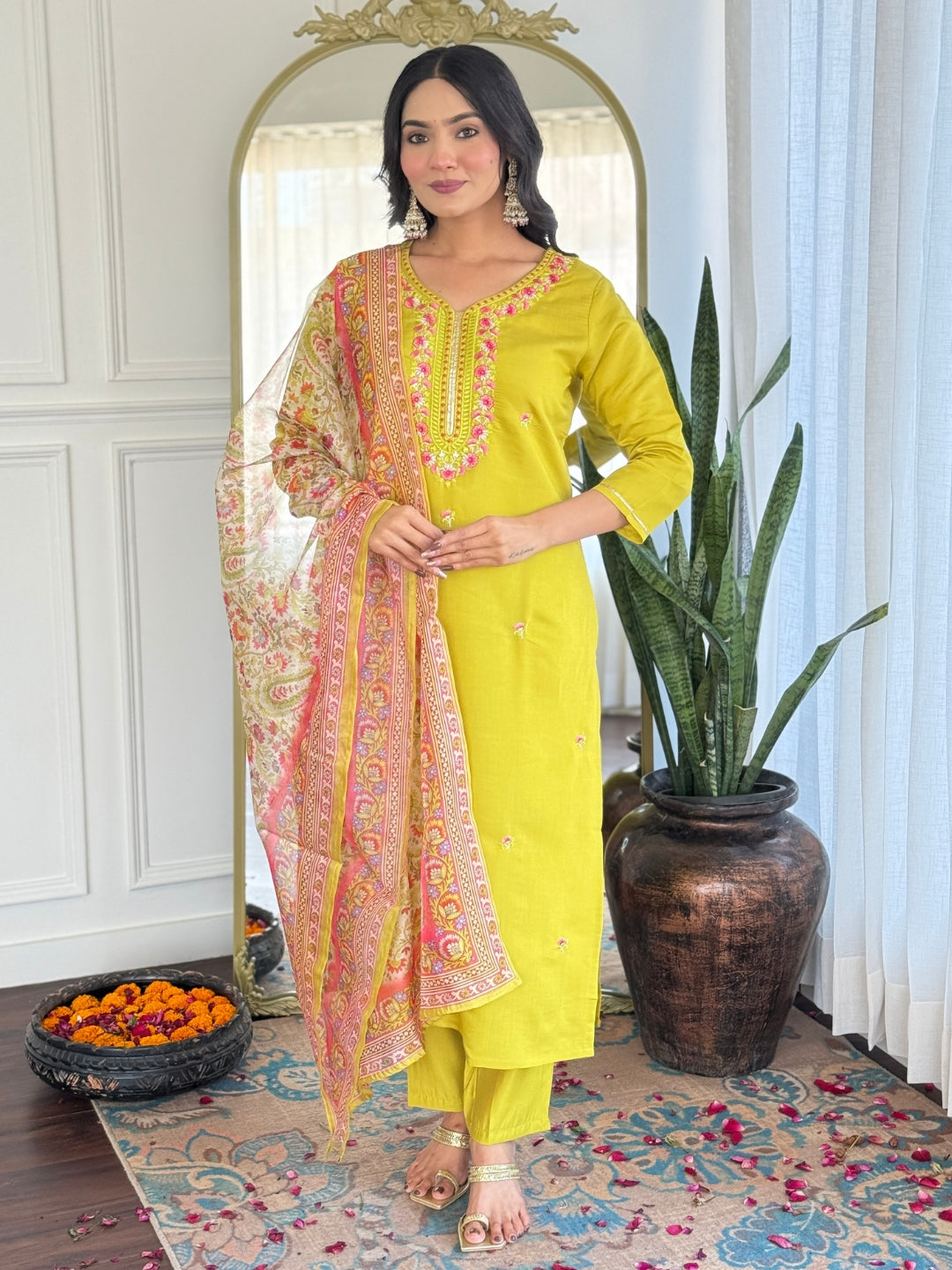 The52 Women's Gorgeous Rayon Embroidery work Straight Kurta with Pant and Dupatta Set - Swadesiicart