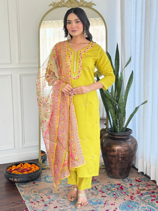 The52 Women's Gorgeous Rayon Embroidery work Straight Kurta with Pant and Dupatta Set - Swadesiicart