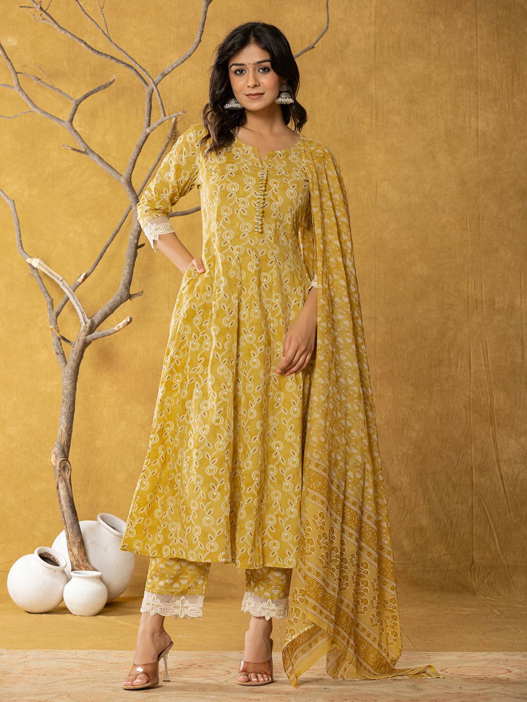 Yufta Mustard Lace-Work Cotton Anarkali Kurta & Trouser Dupatta Set - Swadesiicart