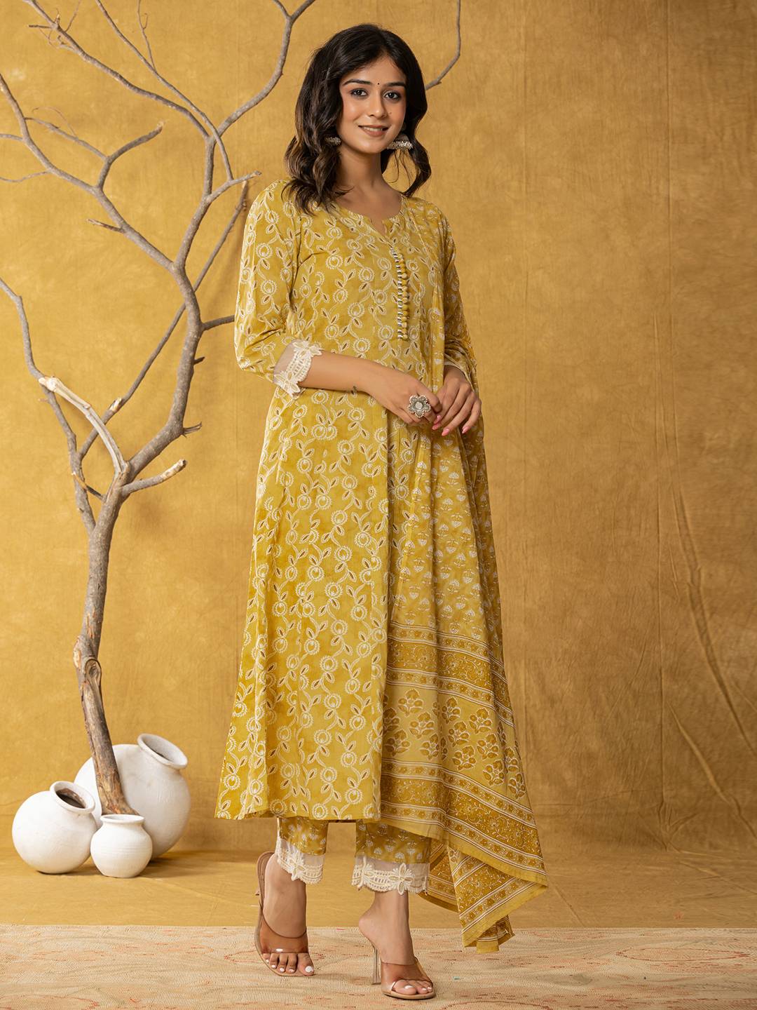 Yufta Mustard Lace-Work Cotton Anarkali Kurta & Trouser Dupatta Set - Swadesiicart